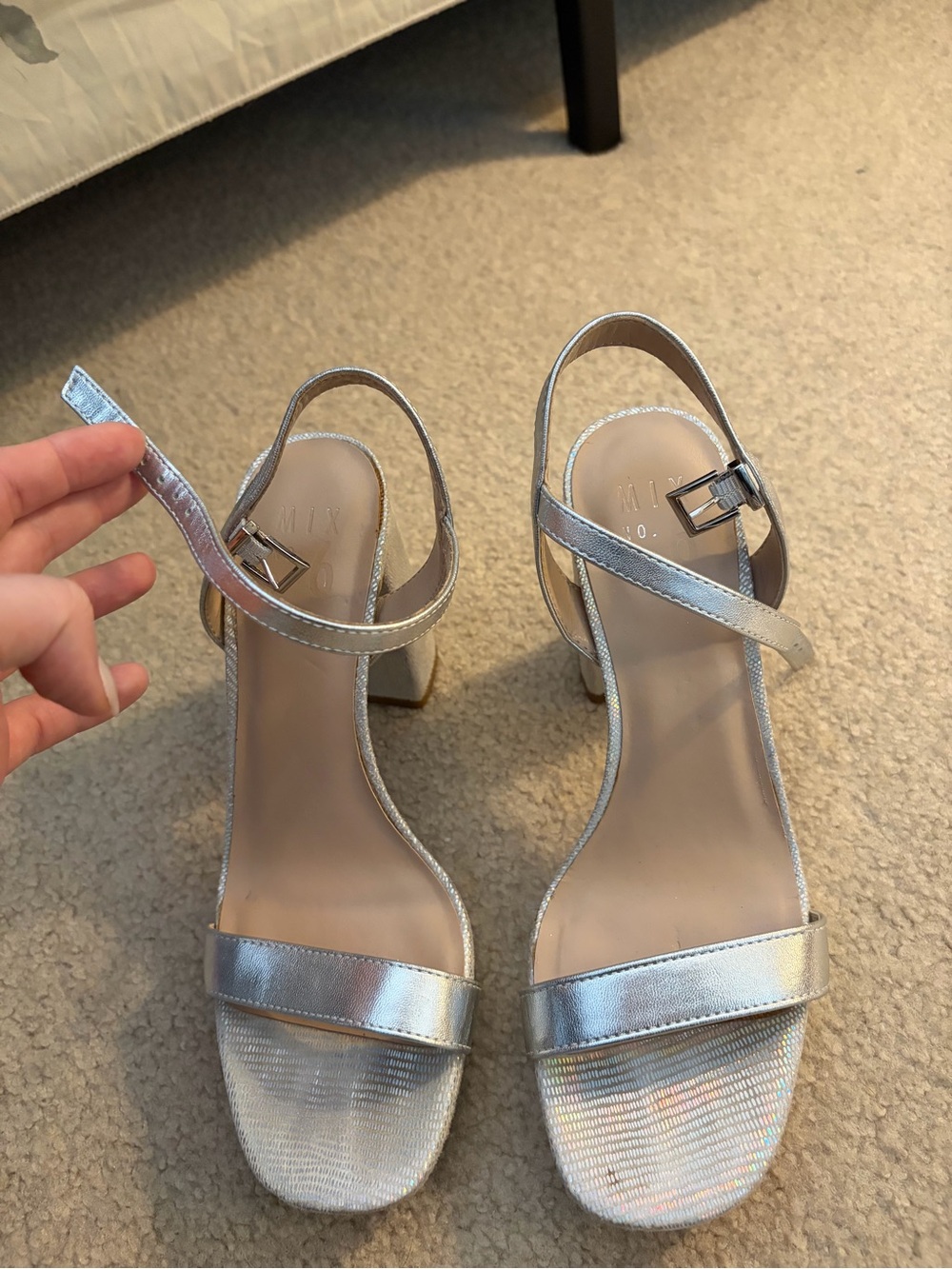 Metallic Silver Ankle Strap Block Heel Sandals